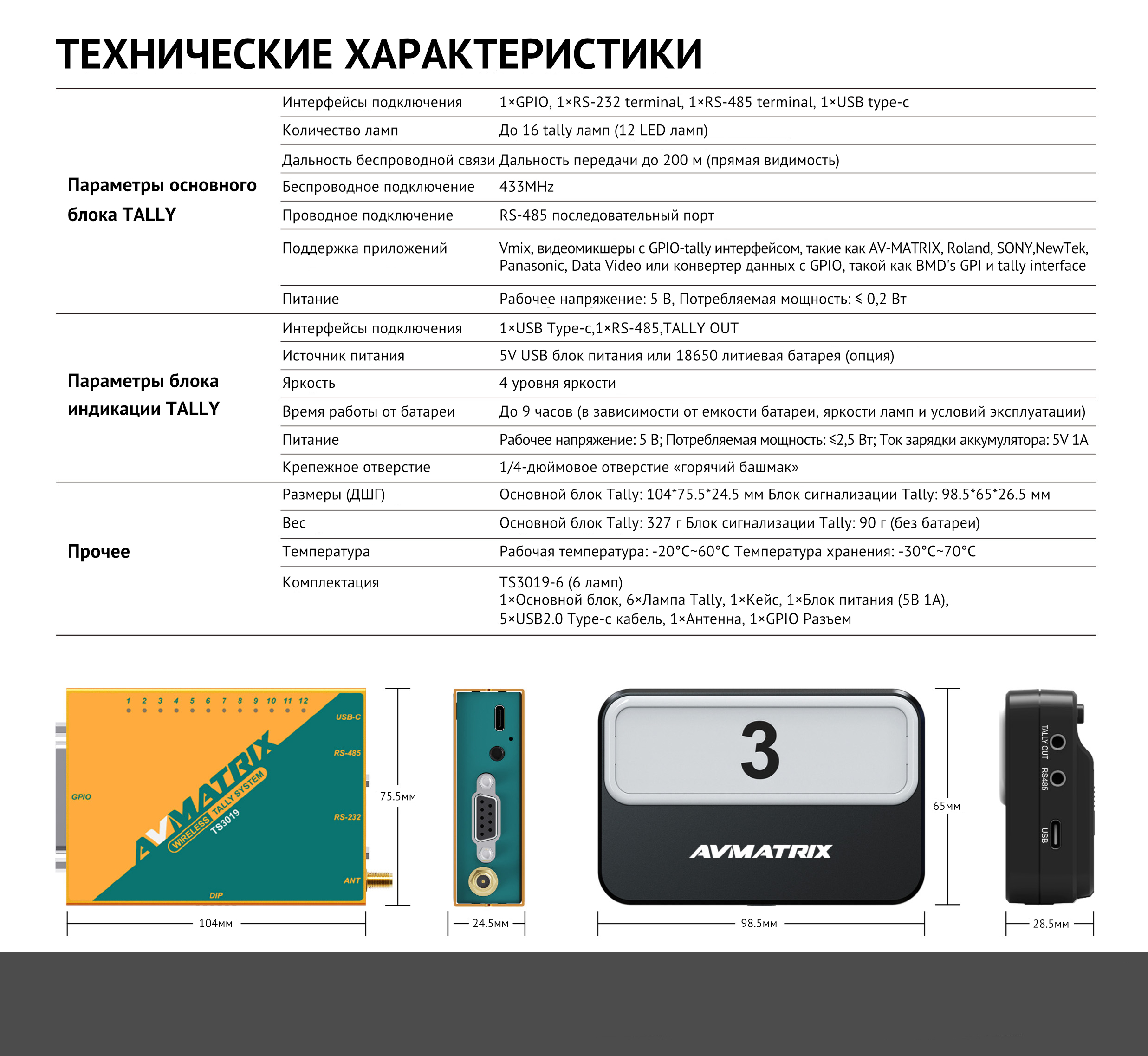 Характеристики TS3019-6 Tally