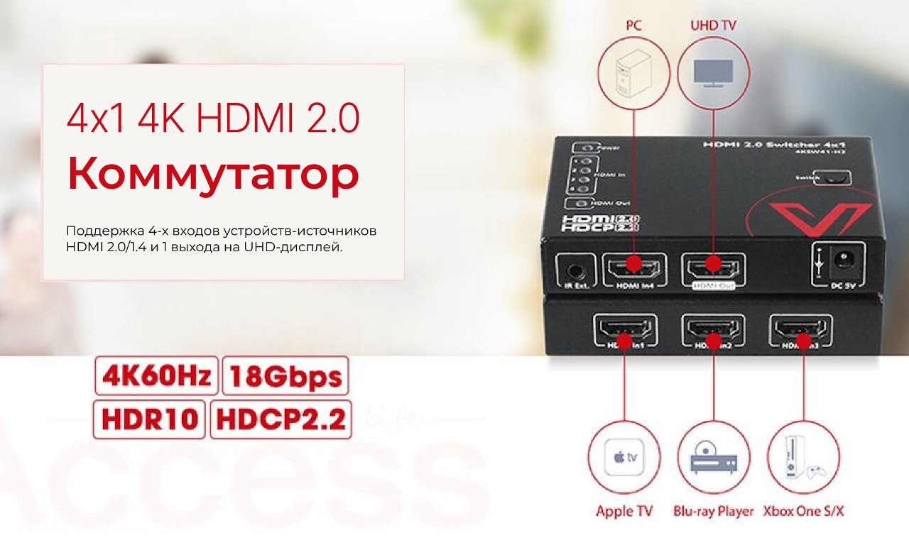 Экономичный 4х1 4К HDMI коммутатор